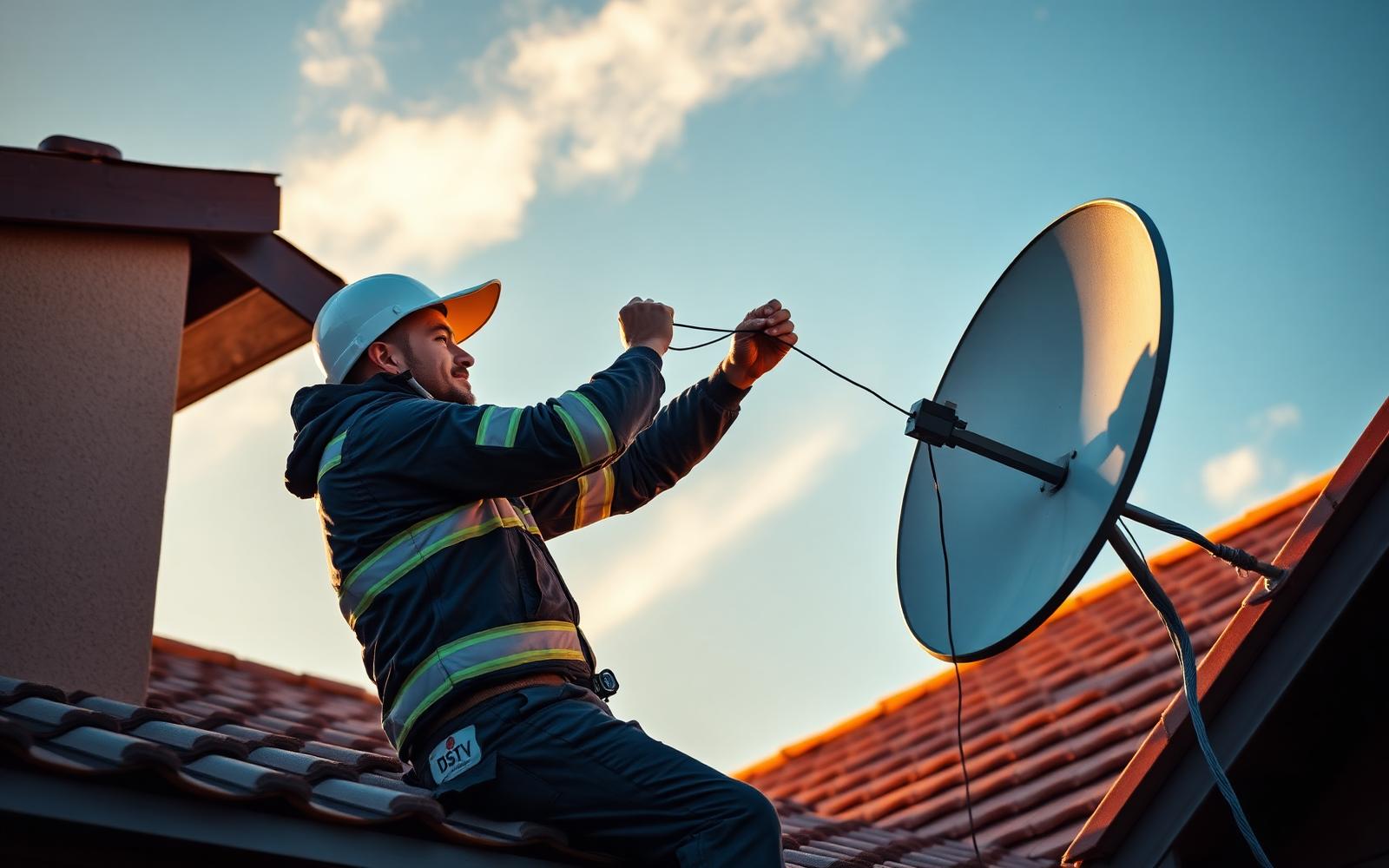Julius Satellite Technology technician installing a DSTV dish in Springs